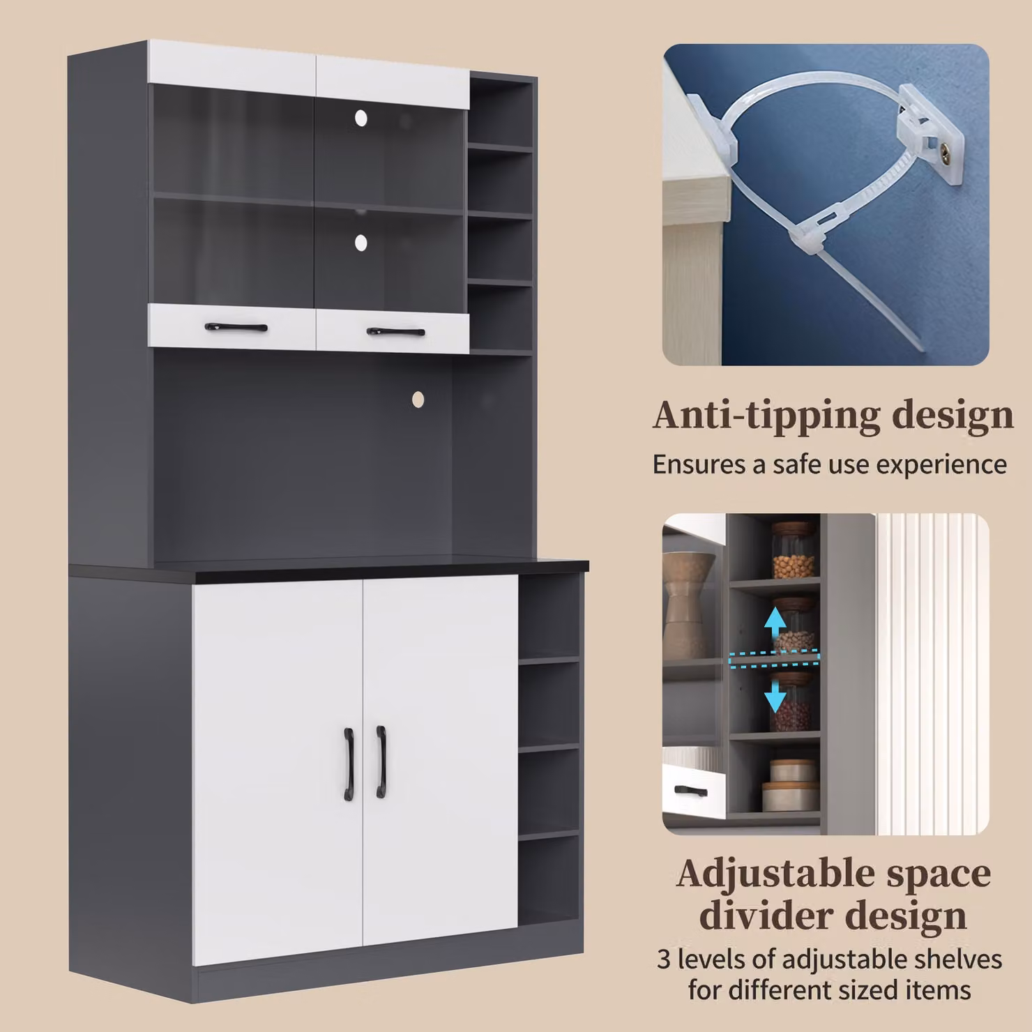 Aosom UK Tall Kitchen Cupboard with LED Lighting and Glass Doors, White and Grey, W: 47 cm, D: 47 cm, H: 187 cm – 5