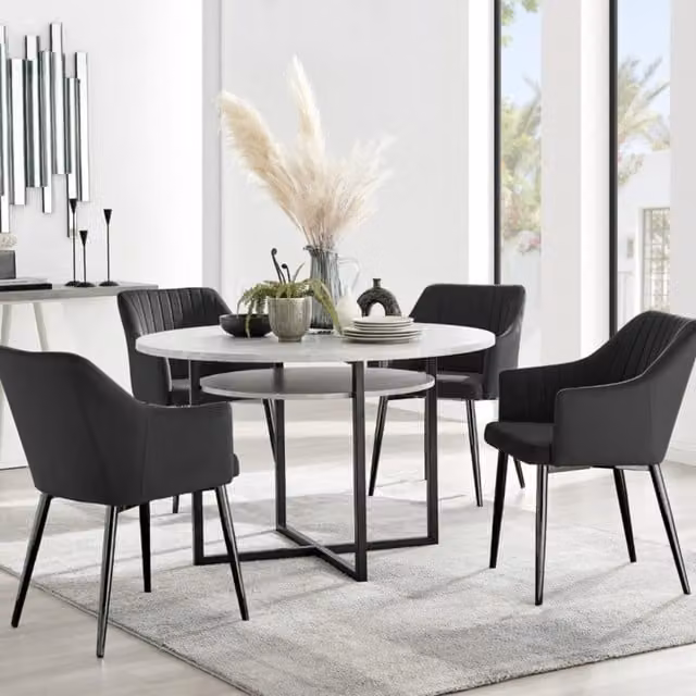 FurnitureboxUK Adley Grey Concrete Effect Round Dining Table and 4 Calla Black Leg Chairs Set