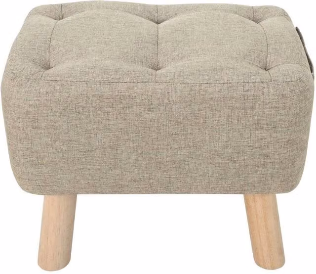 Kelvenix Beige Linen Tufted Footstool Pouffe with Oak Wood Frame