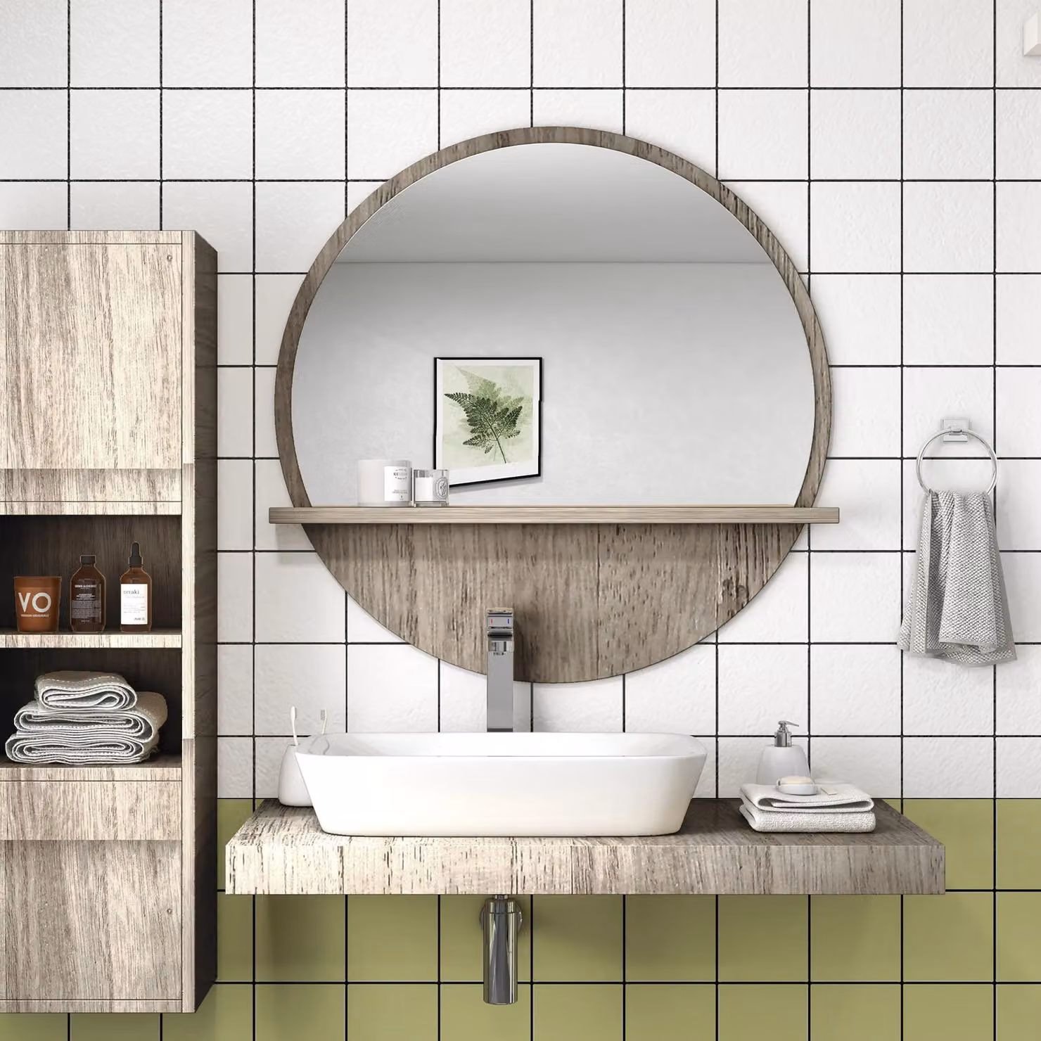 Kleankin Round Wall Makeup Mirror with Shelf in Grey Wood Effect – 2