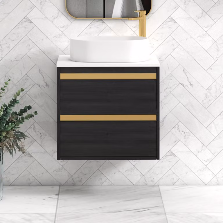 Royal Bathrooms Orion 600mm Hale Wall Hung Vanity Unit in Plain White with Peak Basin and Brushed Brass Accent Trim