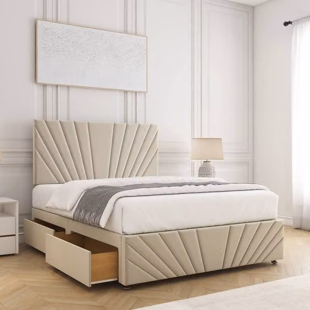 BSSPOKE Rose King Size Divan Bed with 24 inch Headboard, 2 Drawers, Footend and Mattress in Beige Plush Velvet