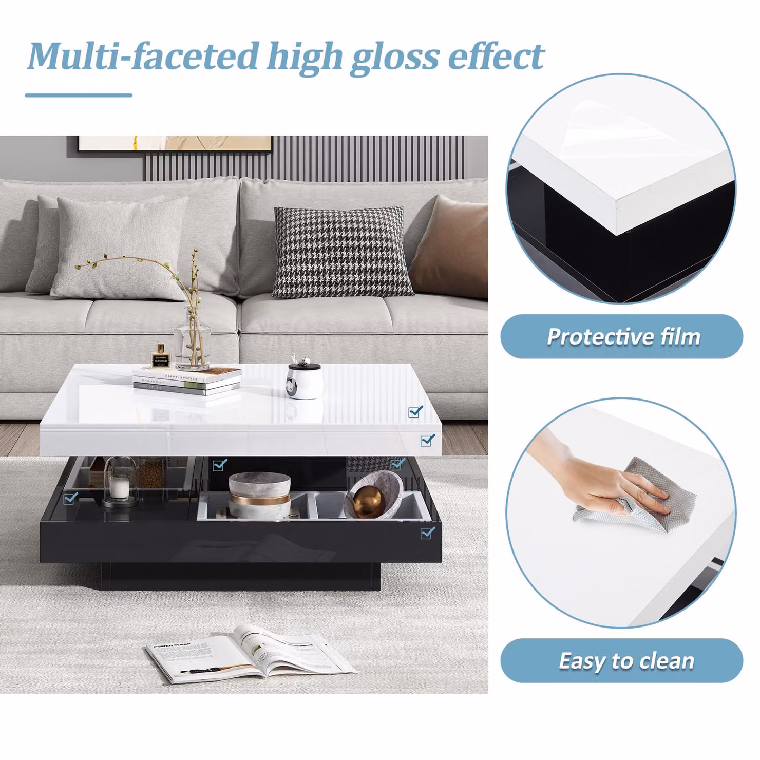 Aosom UK Contemporary Round Coffee Table with Rotating Top and Large-Capacity Lower Shelf, Black and White, W: 70 cm, D: 70 cm, H: 36 cm – 4