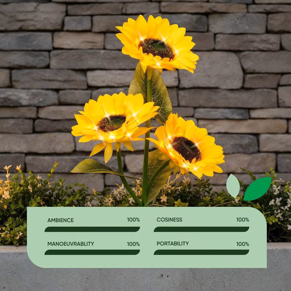 Gardenwize Solar Sunflower Stake Lights with 3 Flower Heads, Warm White LED Garden Ornaments in Yellow – 3