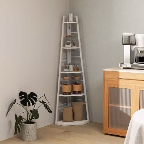 HOMCOM 5-Tier Corner Shelf with Metal Frame and Adjustable Feet, White, H: 160 x W: 37.5 x D: 25 cm – 4