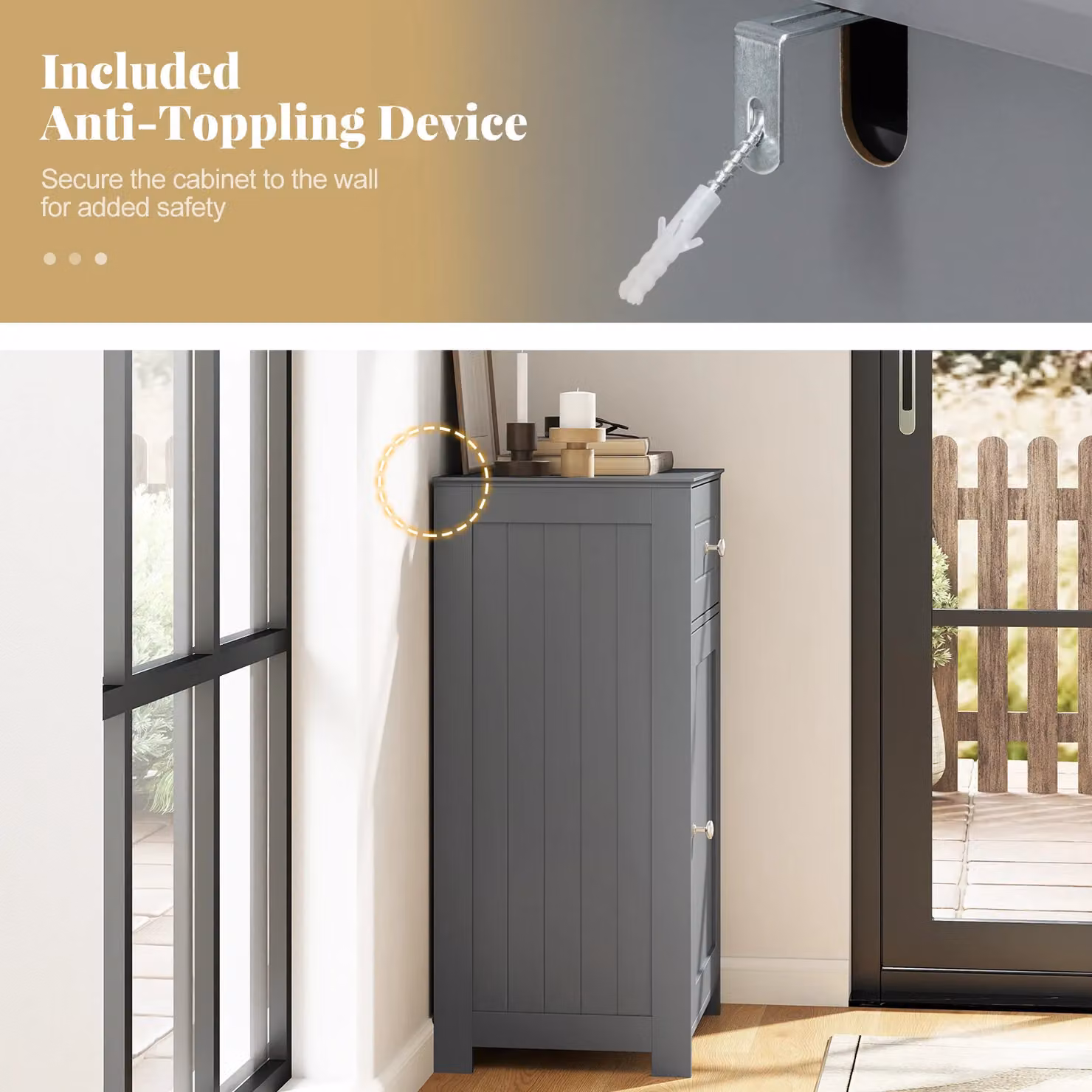 Costway Single Door Grey Bathroom Cabinet with Internal Shelves and Drawers – 2