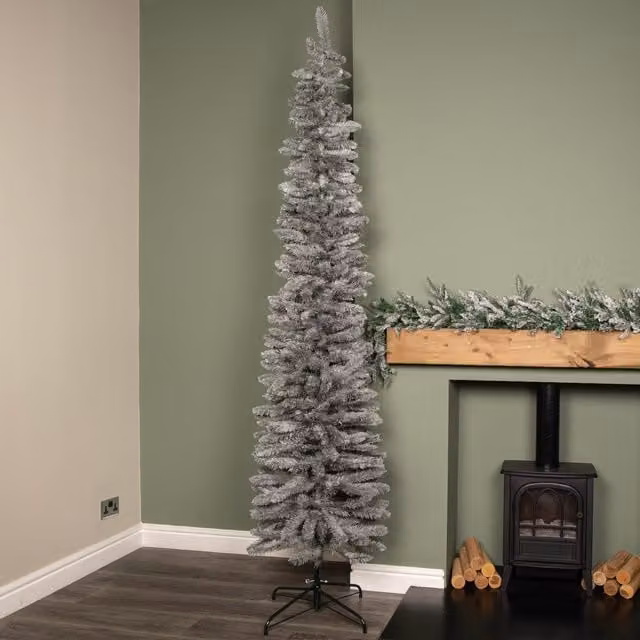Samuel Alexander 8ft Grey Artificial Pencil Christmas Tree with Green Metal Stand – 1