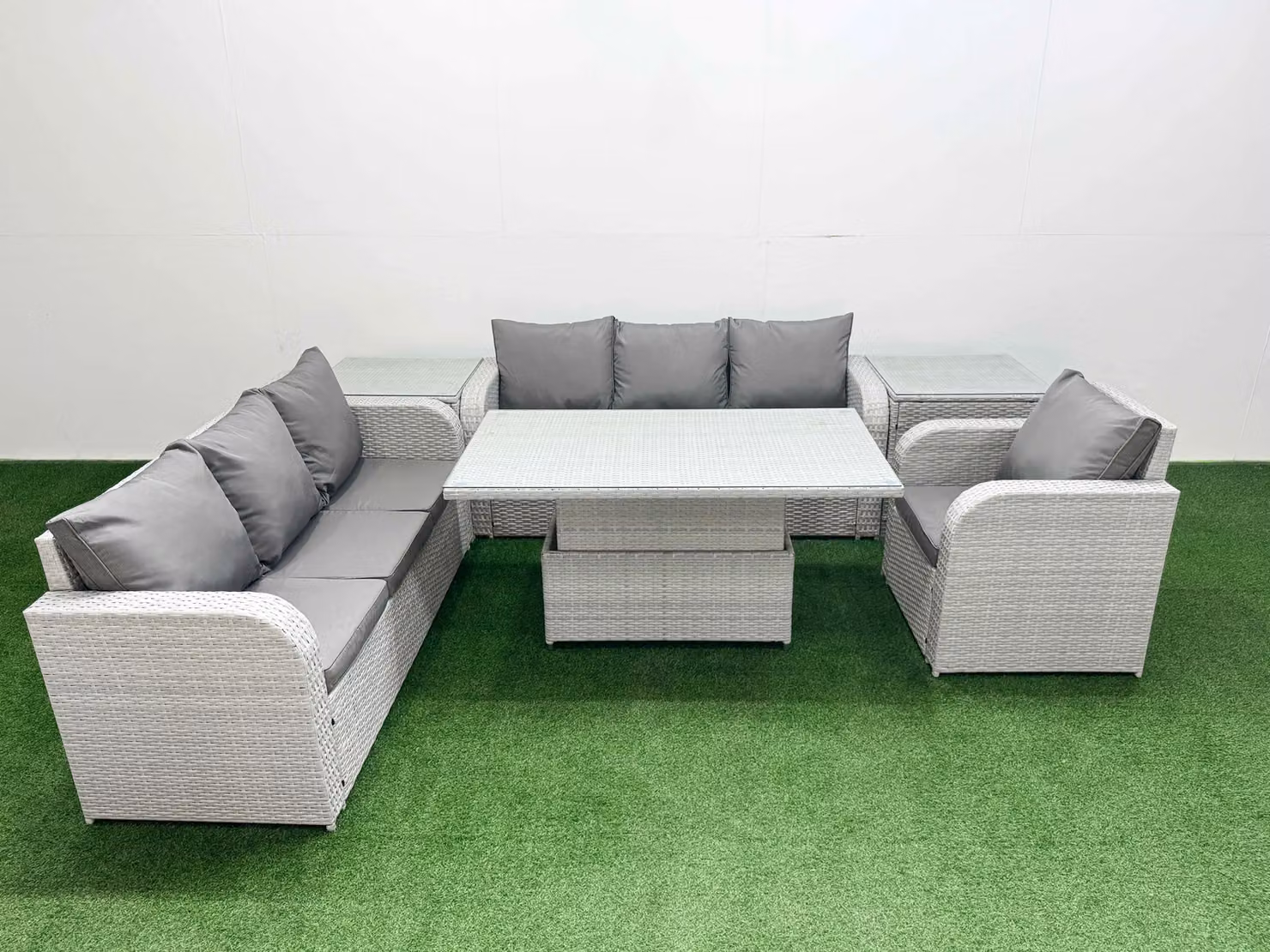 Fimous 7 Seater Poly Rattan Garden Furniture Set in Grey with 3 Seater Sofa, 3 Reclining Chairs, and Adjustable Dining or Coffee Table – 2