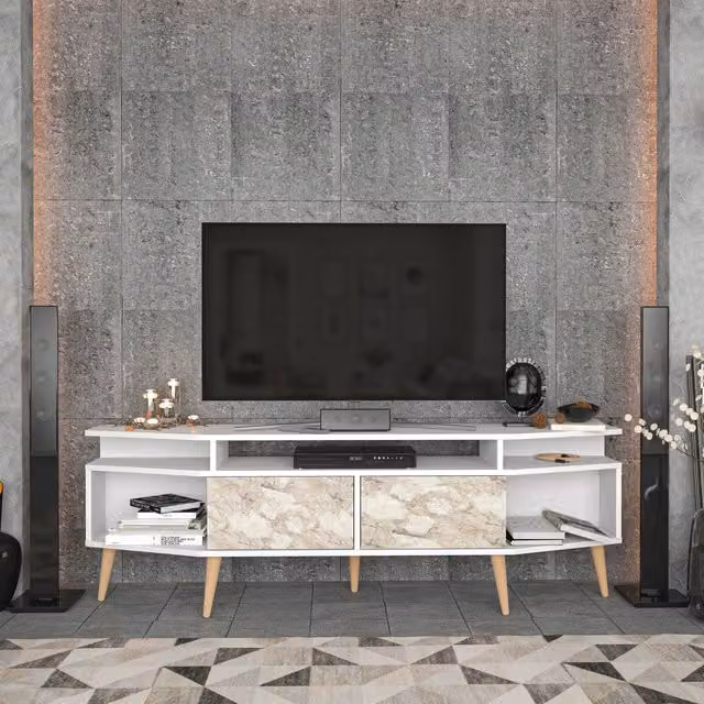 Decorotika Denis Modern TV Unit in White Marble Effect and White for TVs up to 81"