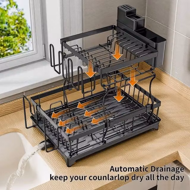 FORGEVIO 2 Tier Kitchen Dish Drainer Rack with Cutlery Holder and Drip Tray, Black – 1