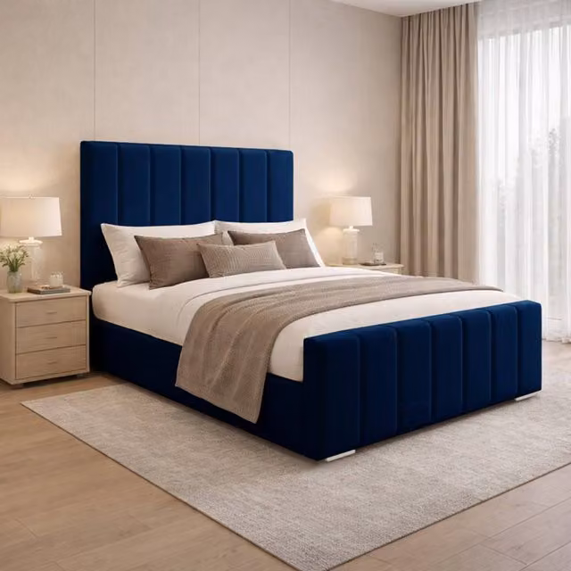 Desire Deco Eleanor Upholstered Plush Velvet Panel Bed Frame, Blue, W/D/H: 200 x 200 cm