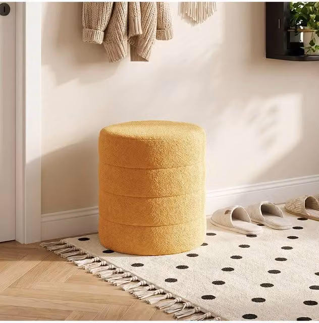 Living and Home Round Teddy Fleece Upholstered Footstool in Yellow – 1