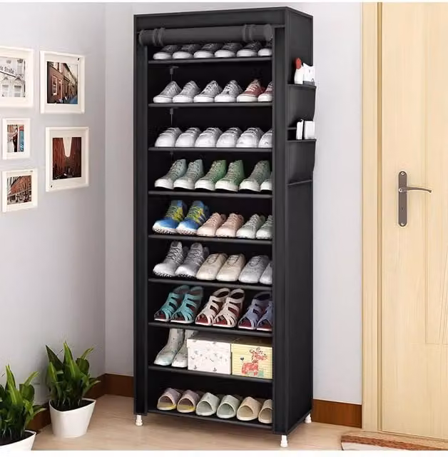 H&O Direct 10-Tier Modern Black Freestanding Shoe Cabinet with Roll-Up Shutter Doors, H 160 cm x W 60 cm x D 30 cm – 1