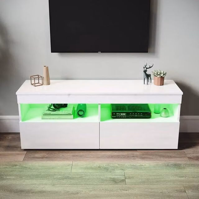 ERGOVEXA Modern High Gloss White TV Stand Cabinet with Integrated LED Lights and 2 Doors, W/D/H: 120 x 35 x 45 cm