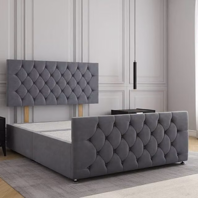 Regional Furnishings Plush Velvet Upholstered Double Divan Bed in Grey, W/D/H: 140 x 200 cm – 1