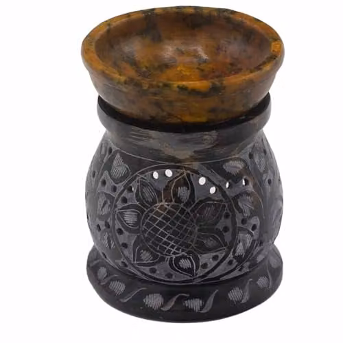 KDMD Soapstone Mandala Flower Oil Burner in Black and Yellow