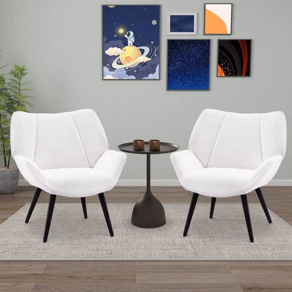 London Boutique Modern Corduroy Wingback Accent Chair in White with Solid Wood Frame and Armrests – 2