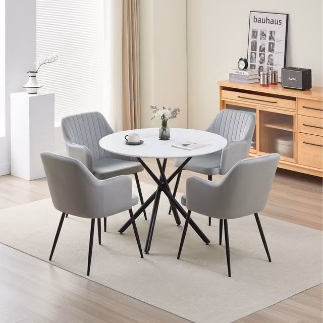 Madefor.living Seattle Round Marble Dining Table with 4 Charlotte Grey Velvet Chairs