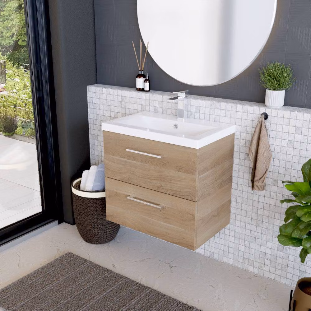 Balterley Contemporary Wall Hung Bathroom Vanity Unit with 2 Soft-Close Drawers and Mid-Edge Ceramic Basin, Bleached Oak, W: 61 cm, D: 39 cm, H: 58 cm – 4