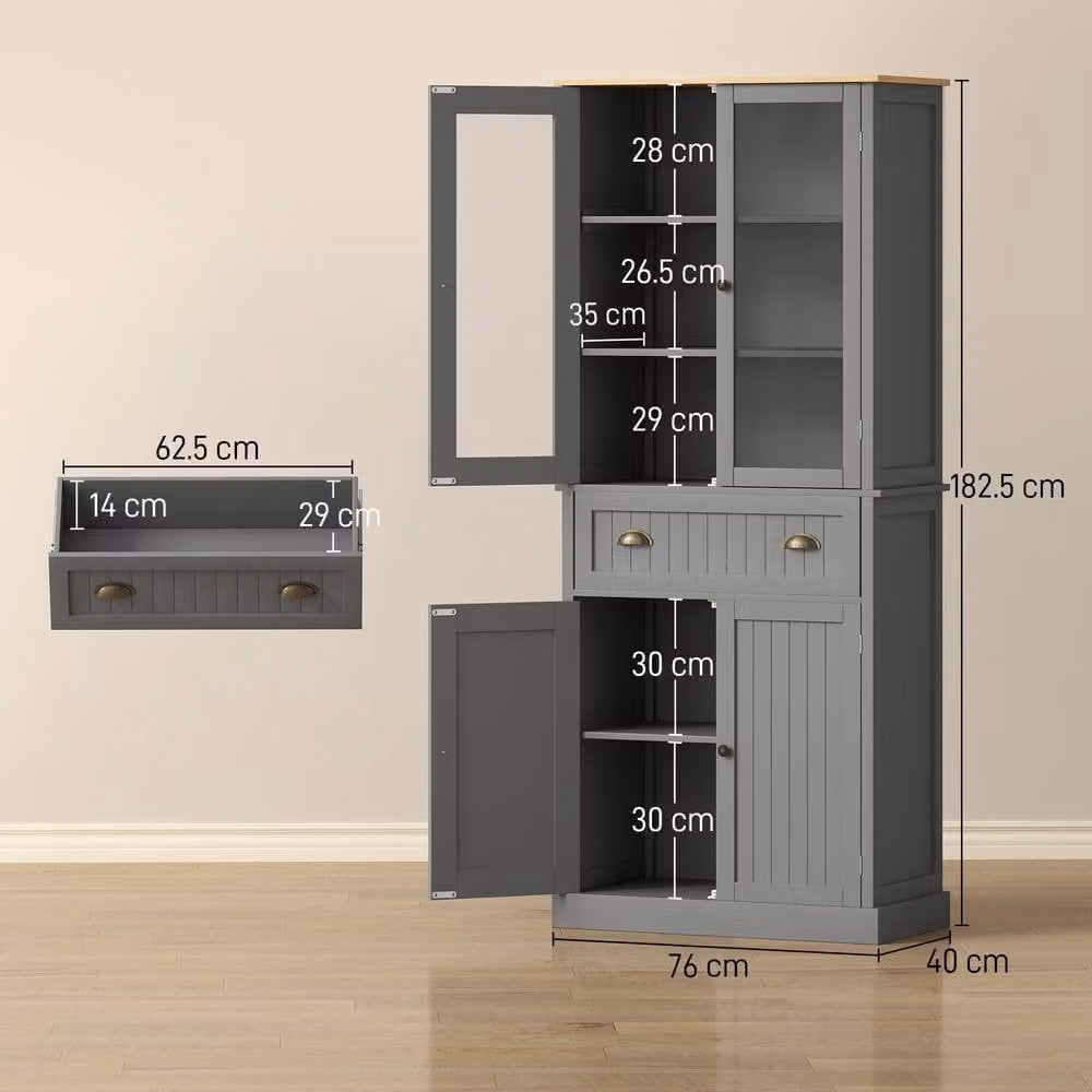 STILVORA Grey Matt Kitchen Pantry Cupboard with Glass Doors and Internal Shelves – 4