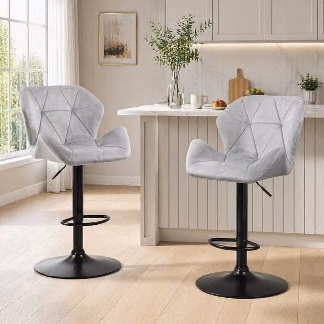 STILVORA Set of 2 Adjustable Height Swivel Bar Stools in Grey Fabric and Metal