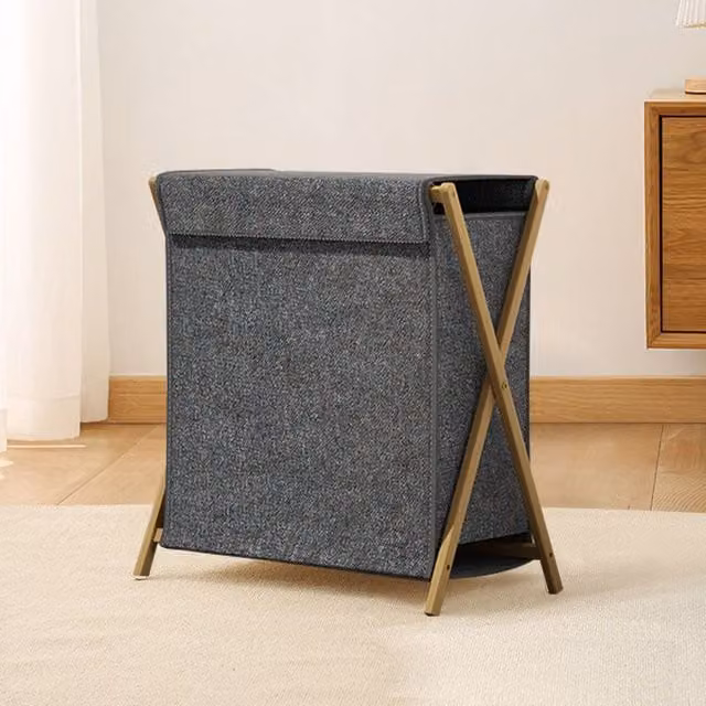 Living and Home Laundry Hamper with Bamboo Frame, Mid Grey, 90L