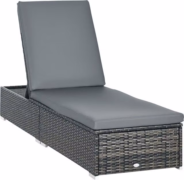 Outsunny Rattan Sun Lounger with Adjustable Recliner and Padded Cushion in Grey