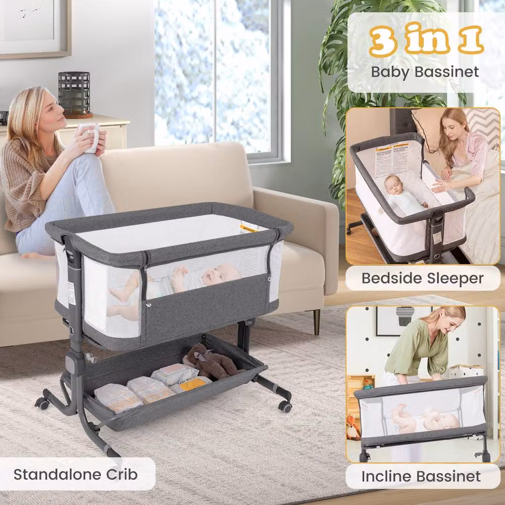 Gymax Adjustable Height Folding Bedside Crib Bassinet in Grey – 3