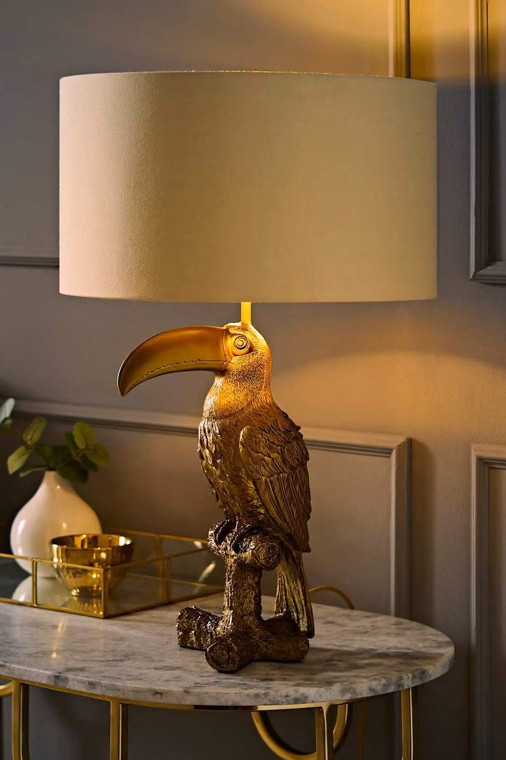 ValueLights Tuki Toucan Brushed Bronze Table Lamp with Beige Fabric Drum Shade and Bulb – 2