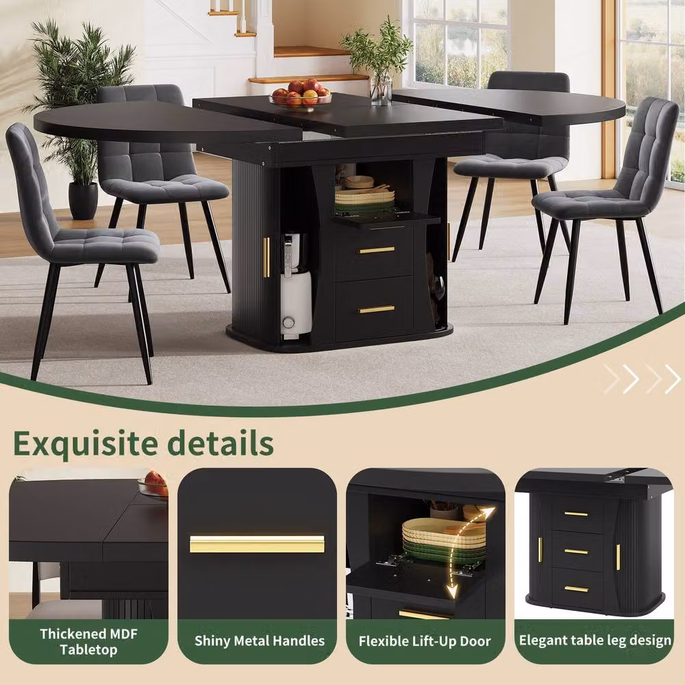 Matteo Black MDF Extendable Round to Oval Dining Table, 6 Seater, Matt Finish – 7