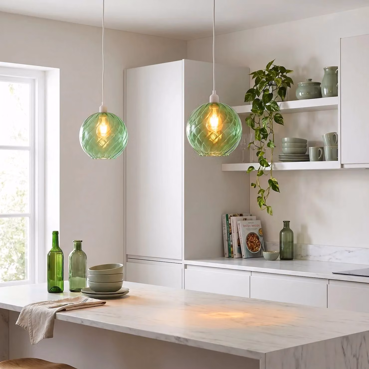 Happy Homewares Modern Round Green Fluted Glass Ceiling Pendant Light Shade – 2
