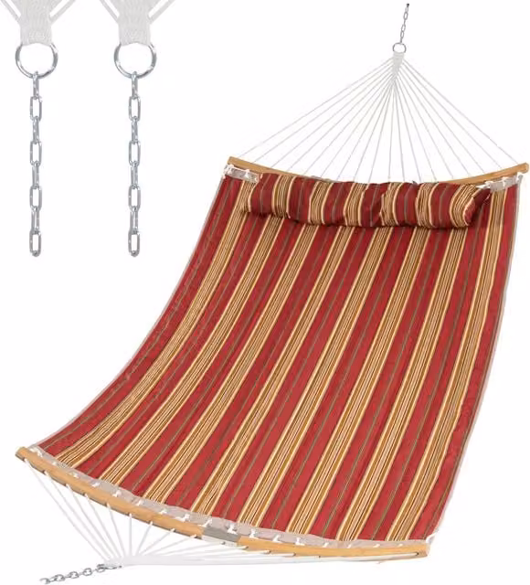 COSTWAY Red 2 Person Hammock with Cushions and Spreader Bar