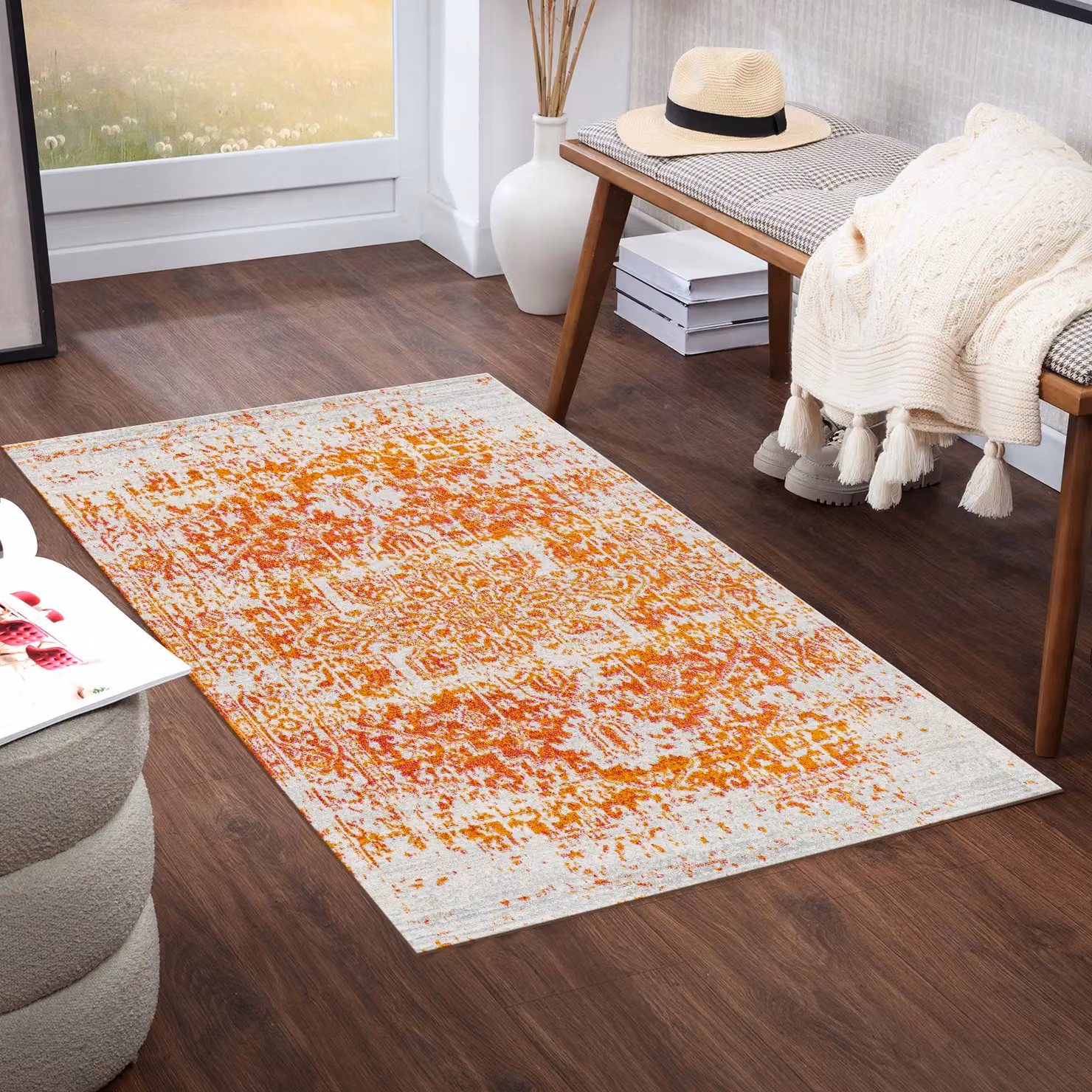 Livabliss Harput Vintage Round Boho Living Room Rug in Grey, Blue, Orange and White, Diameter: 160 cm – 5
