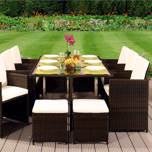Comfy Living 11 Piece Modern Cube Rattan Garden Furniture Set with Cover in Dark Brown