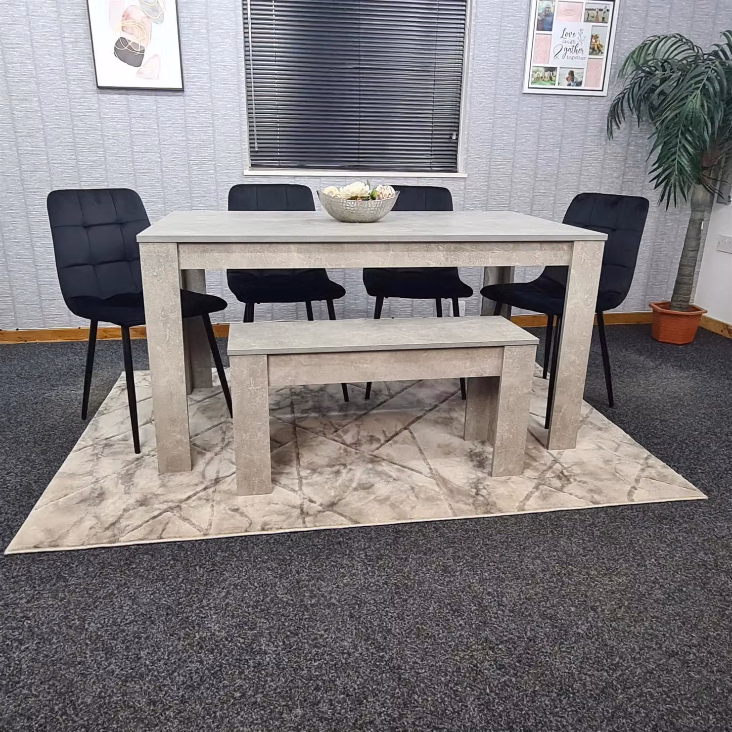 KOSY KOALA Modern Brown Dining Set with Grey Rectangular Table, 4 Black Velvet Chairs and 1 Bench – 7
