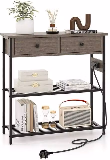 NESTLUNE Narrow Entryway Console Table with Built-in Charging Station, Grey, W/D/H: 100 x 100 x 100 cm