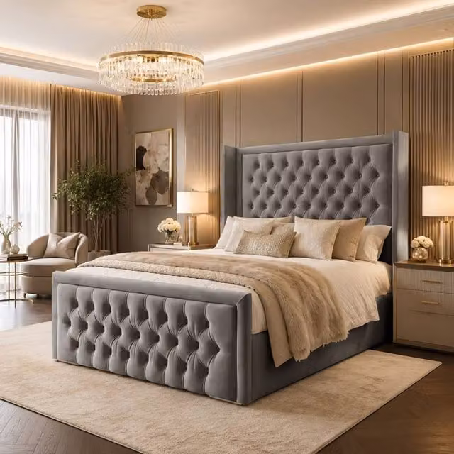 Desire Deco Luxury Wingback Chesterfield Bed Frame in Grey Velvet, W/D/H: 180 x 200 cm