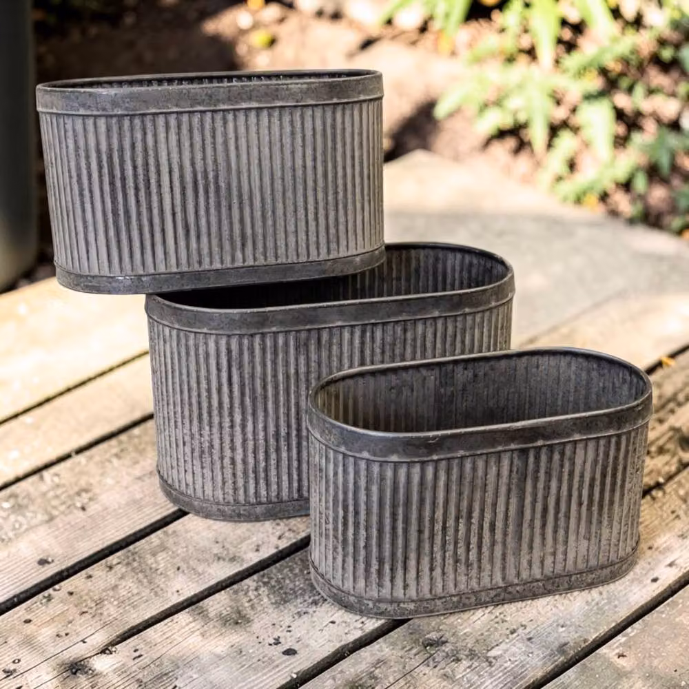Four Candle Set of 3 Grey Galvanised Steel Ribbed Oval Planters – 2