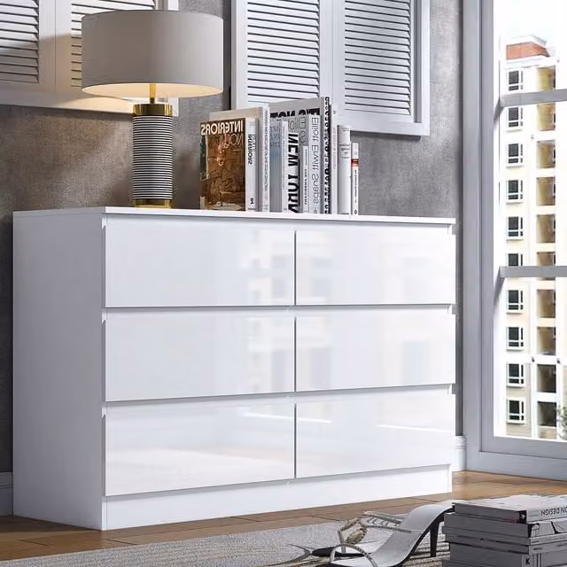 FWStyle Modern 6 Drawer High Gloss White Chest of Drawers