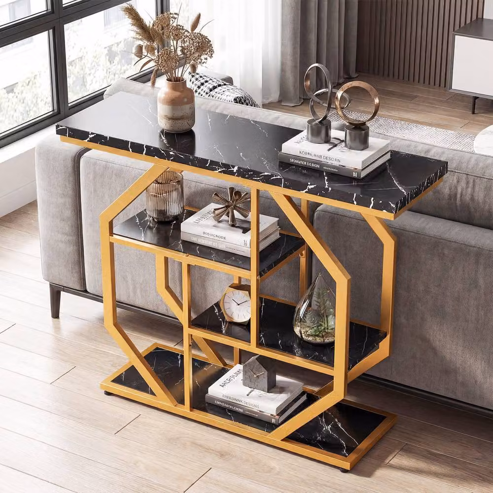 Costway Modern 4-Tier Console Table with Marble Top and Storage Shelves in Black – 3