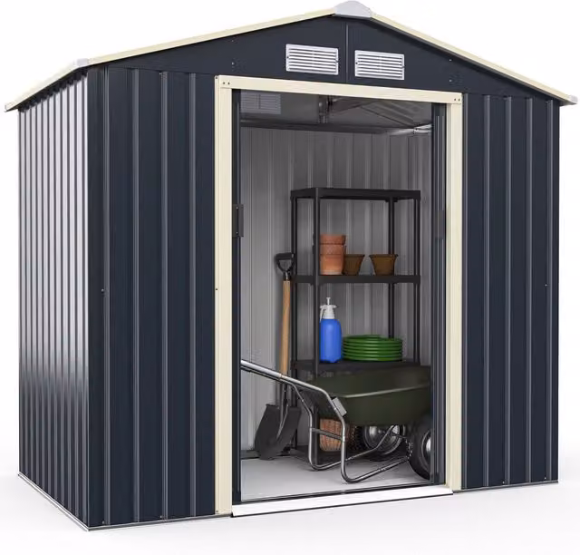 Costway Steel Outdoor Utility Storage House with Sliding Doors and Side Vent in Anthracite Grey