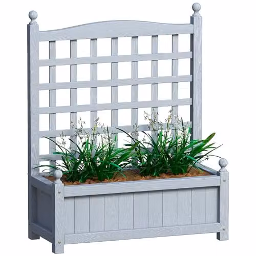 Outsunny Wooden Raised Garden Bed with Trellis, Grey, W: 64 cm, D: 28 cm, H: 75 cm