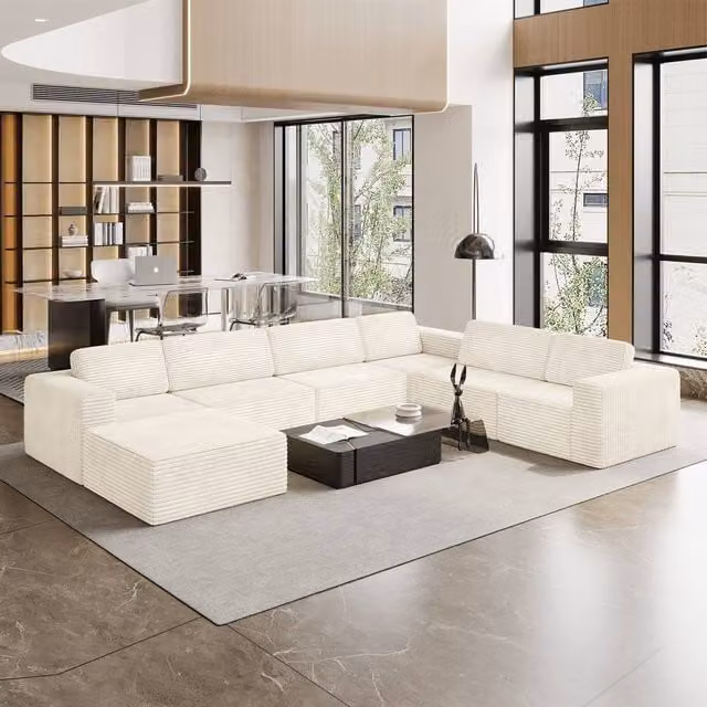 Dprodo 6 Seater Corduroy Modular L-Shape Corner Sofa in Beige with Matching Ottoman and Removable Covers – 1