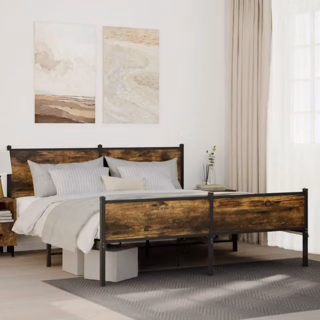 Berkfield Home Metal Bed Frame in Smoked Oak Brown, W/D/H: 180 x 200 cm