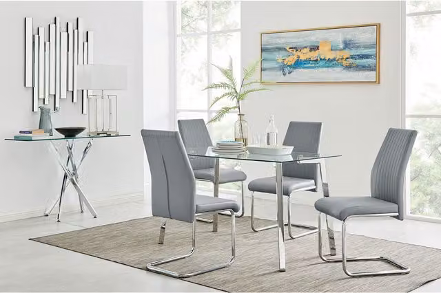 FurnitureboxUK Cosmo Chrome Metal and Glass Kitchen Dining Table with 4 Lorenzo Dining Chairs in Grey