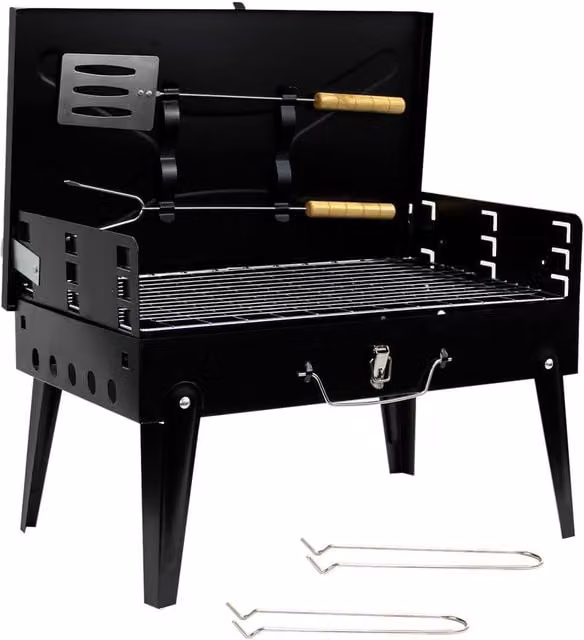 Crystals Portable Folding Charcoal BBQ Grill in Black Steel for Camping and Picnics