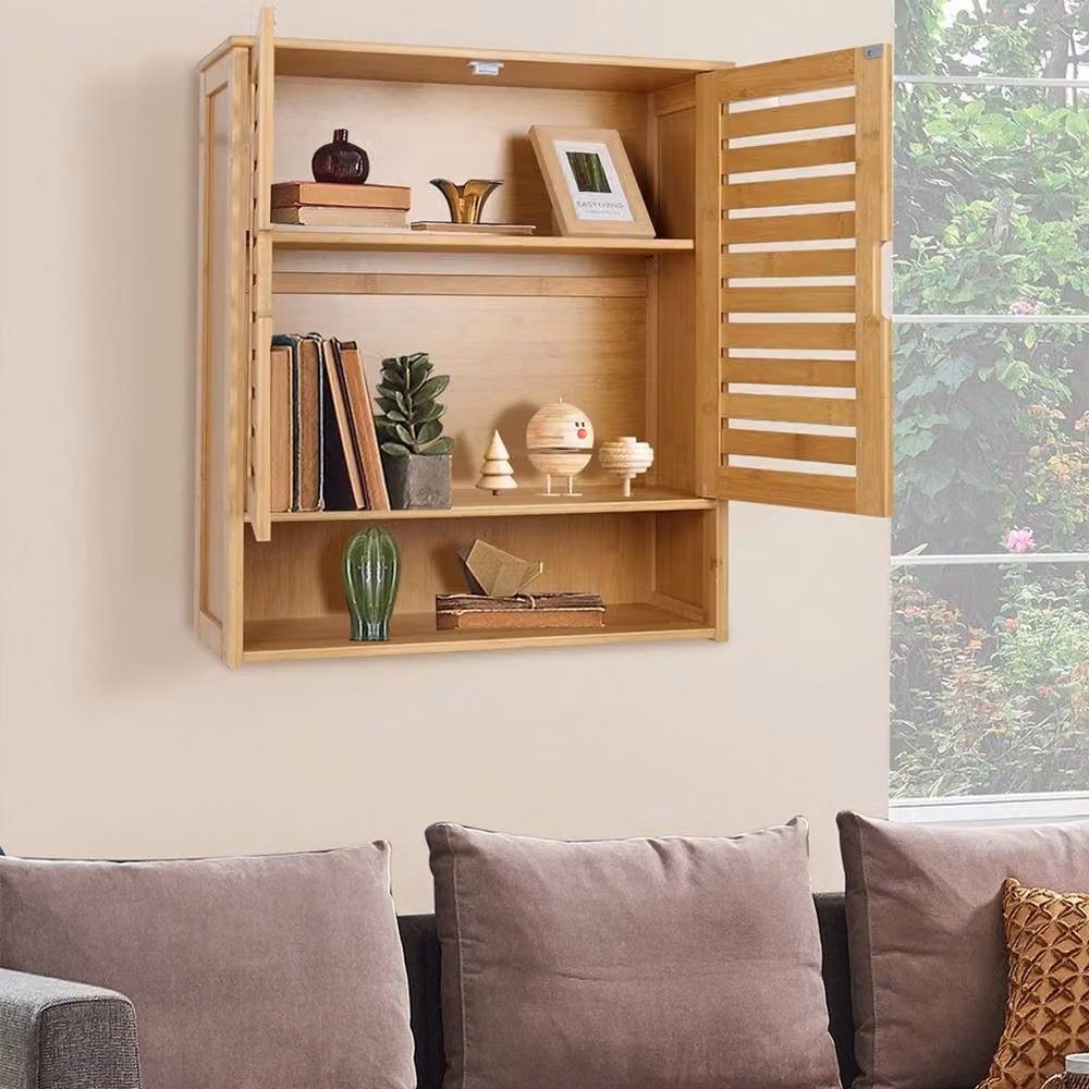 KORVIXA Bamboo Bathroom Wall Cabinet with 2 Hinged Doors and 3 Shelves in Natural, W: 70 cm, H: 75 cm – 2