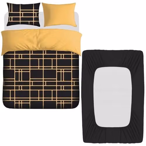 Pamposh 4 Piece Double Duvet Set with Black Fitted Sheet, Reversible Microfibre Bedding Set, W/D/H: 200 x 200 cm