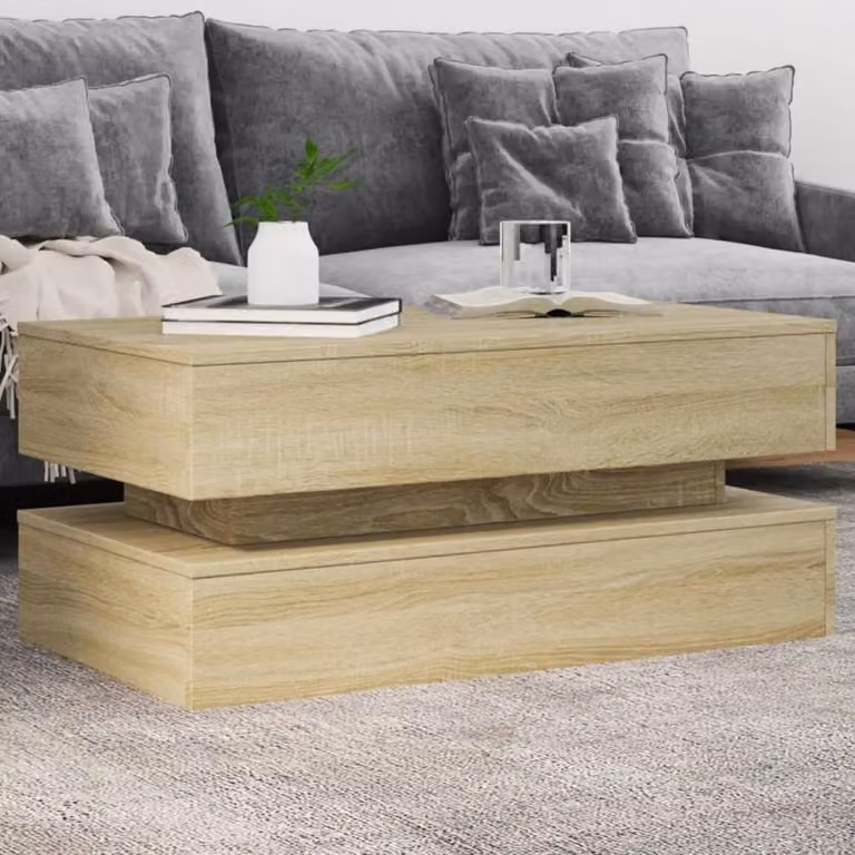 Berkfield Home Modern Rectangular Coffee Table with LED Lights in Sonoma Oak and Beige, W: 90 cm, D: 50 cm, H: 40 cm