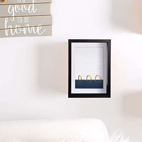 Nicola Spring Black Rectangular 3D Deep Box Wooden Photo Frame with White Mount, Hanging or Standing – 3
